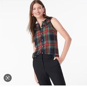 J crew sleeveless ruffle collar top black tartan, size L, nwt.